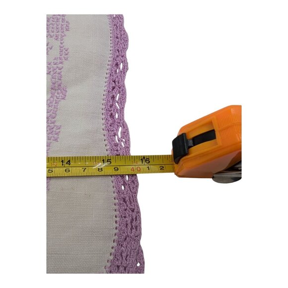 VTG Handcrafted Cross Stiched Table Runner Dresser Scarf Purple Crochet Trim - Picture 5 of 9